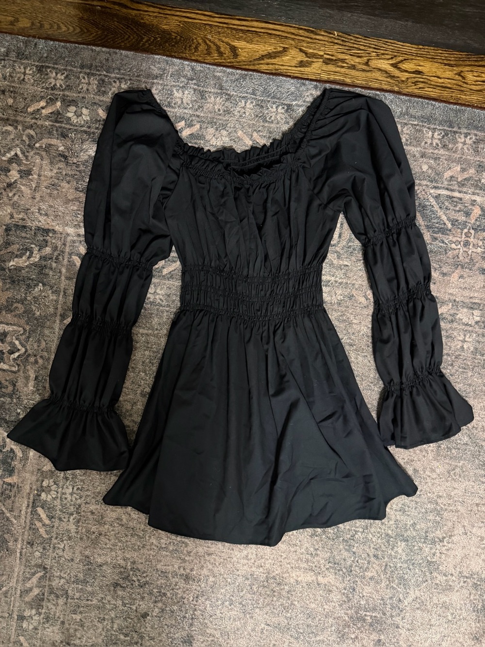Black Smocked Waist Long-Sleeve Mini Dress - Women